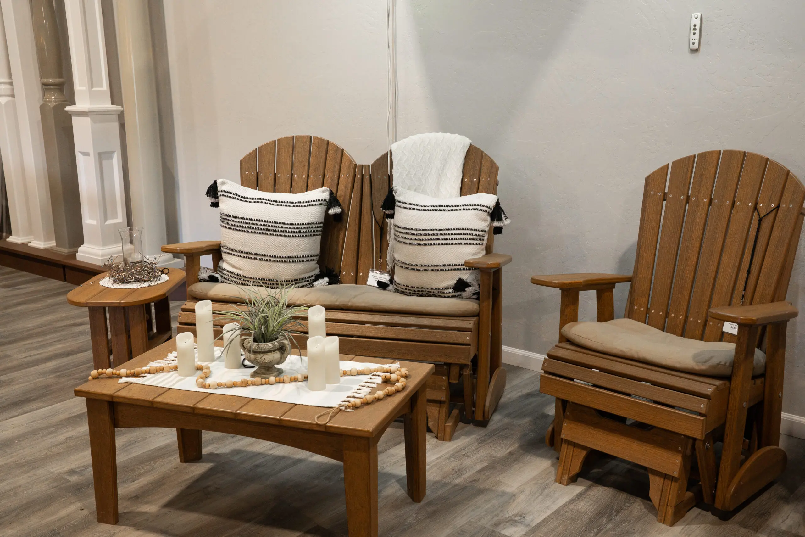 Poly outdoor furniture set arranged on a patio