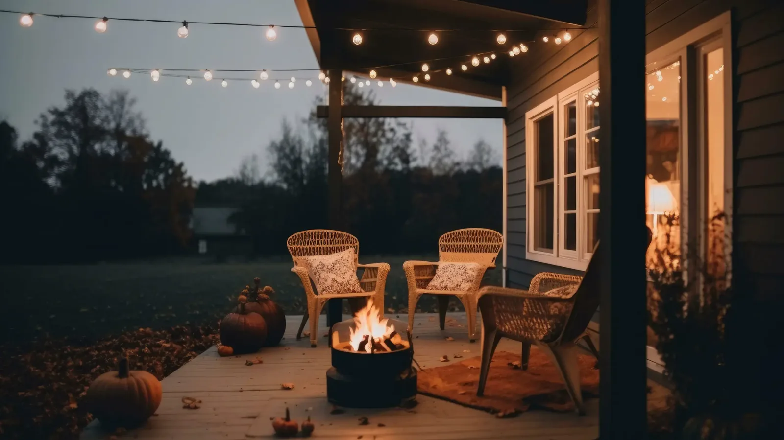 Covered porch at dusk with string lights, wicker chairs, a fire bowl and pumpkins