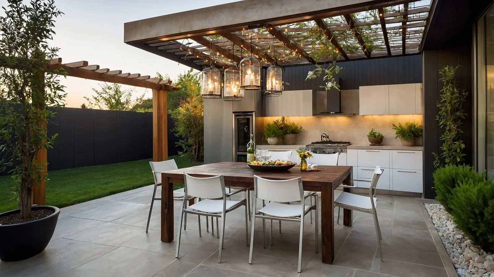 Outdoor kitchen under a covered patio beside a dining table