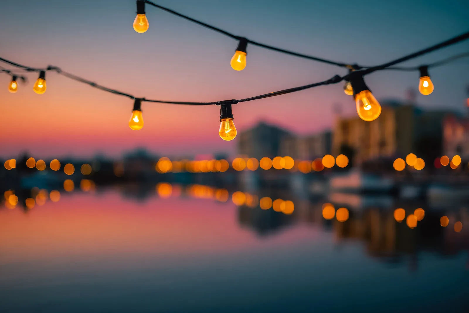String lights glowing over water at sunset