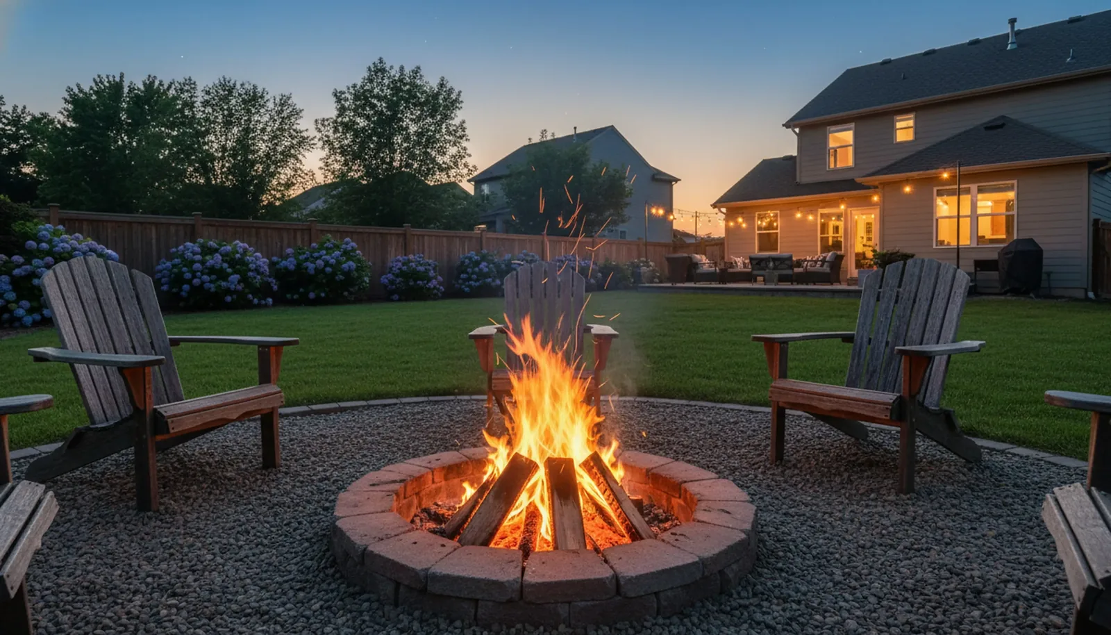 Backyard fire pit ringed by Adirondack chairs at dusk