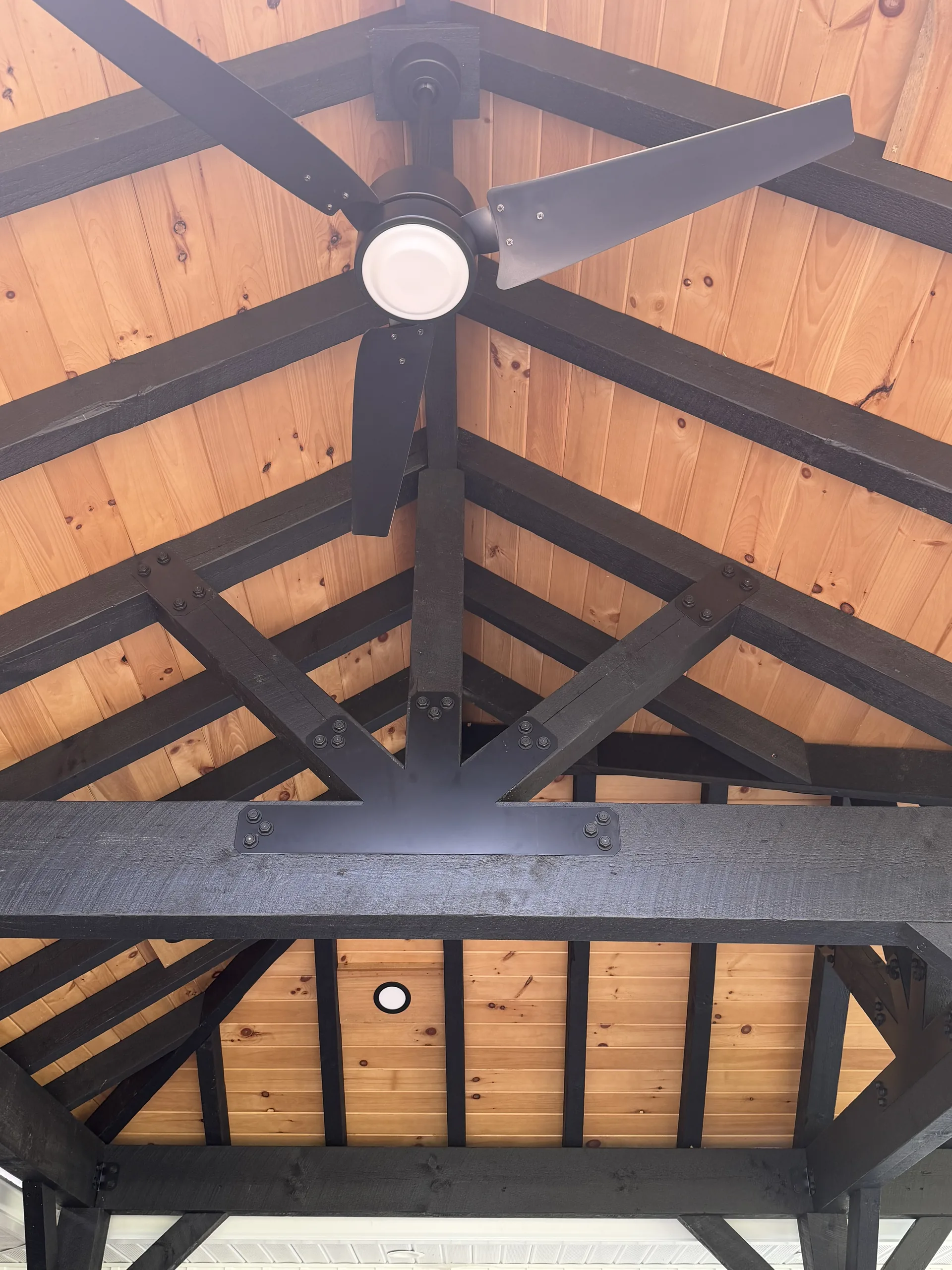 Pavilion ceiling with black timber trusses, pine boards, a ceiling fan and recessed can lights