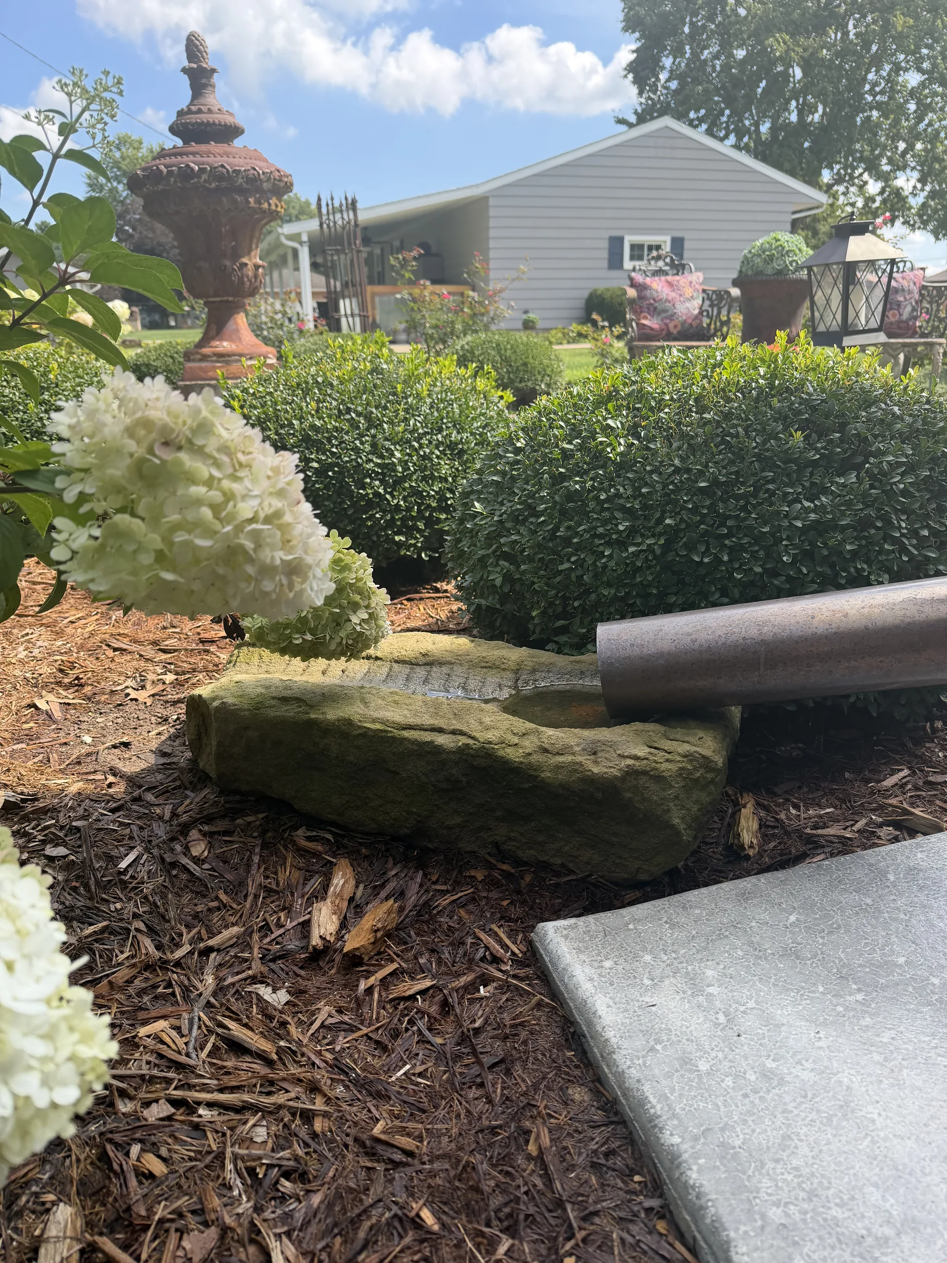 Landscaped bed of hydrangeas and boulders beside the pavilion, with a copper downspout extension